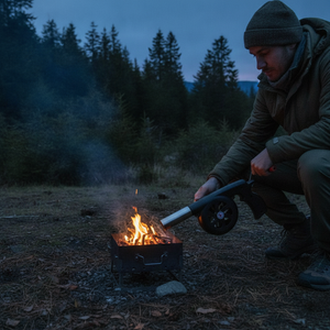 Soplador fuelle camping patagonia encendiendo fogón leña aire libre