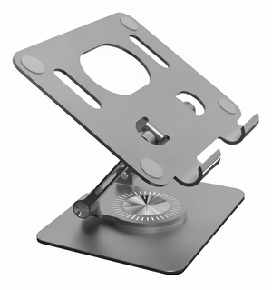 Soporte alzador notebook iPad aluminio 360 grados vista frontal fondo blanco