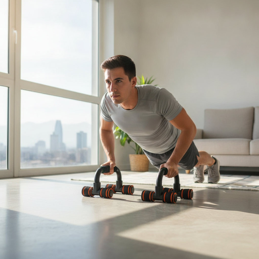 Hombre chileno usando soportes flexiones push up en living moderno
