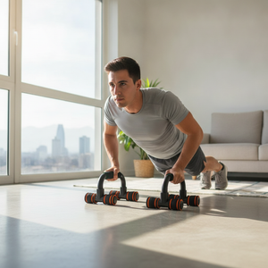 Hombre chileno usando soportes flexiones push up en living moderno