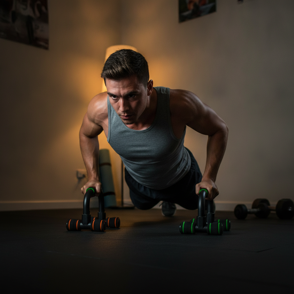 Atleta chileno realizando flexiones profundas con push up stands hogar