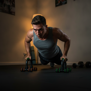 Atleta chileno realizando flexiones profundas con push up stands hogar