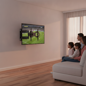 Soporte TV articulado pared living chileno brazo extendido familia viendo partido