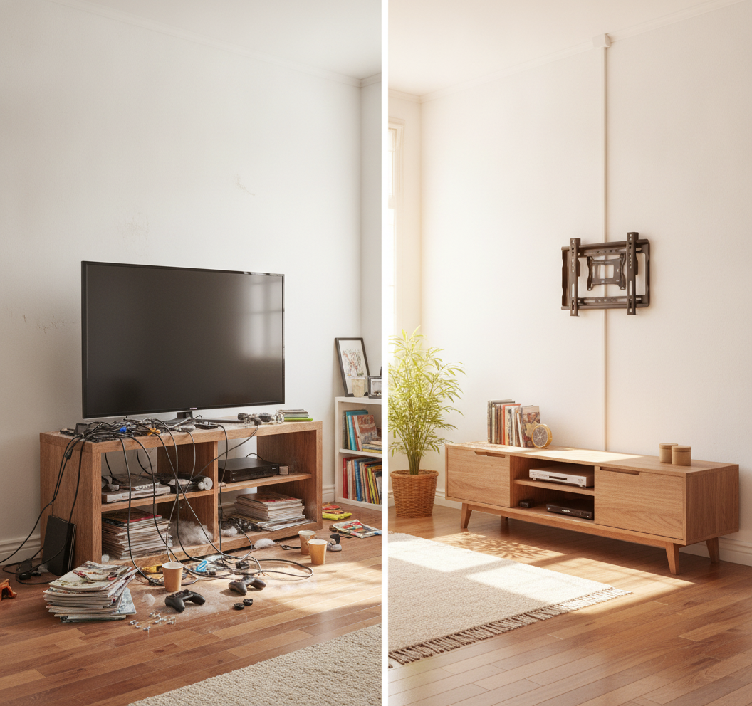 Soporte televisor pared fijo instalado en living chileno moderno