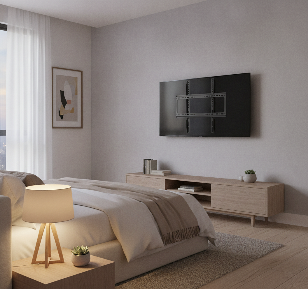 Soporte pared para pantalla LED en dormitorio chileno minimalista