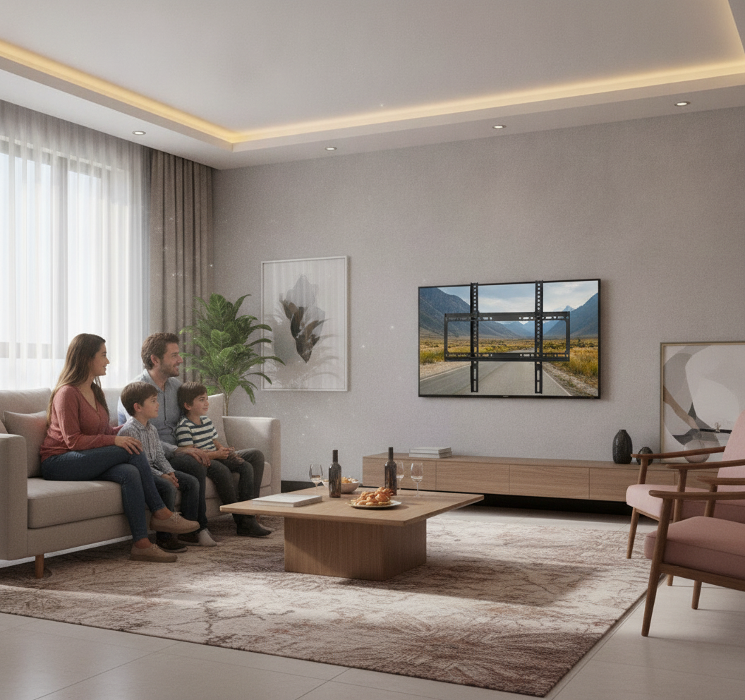 Familia chilena viendo televisor montado en soporte muro fijo
