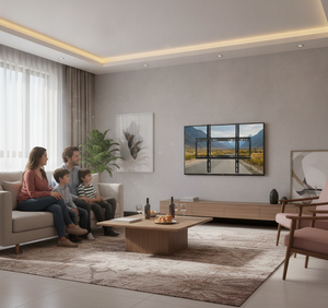 Familia chilena viendo televisor montado en soporte muro fijo