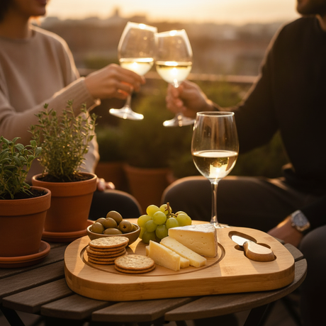Tabla picoteo bambú con quesos y uvas en terraza aperitivo pareja atardecer