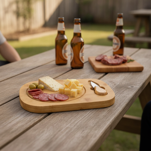 Tabla picoteo bambú con fiambre y aceitunas en quincho asado chileno