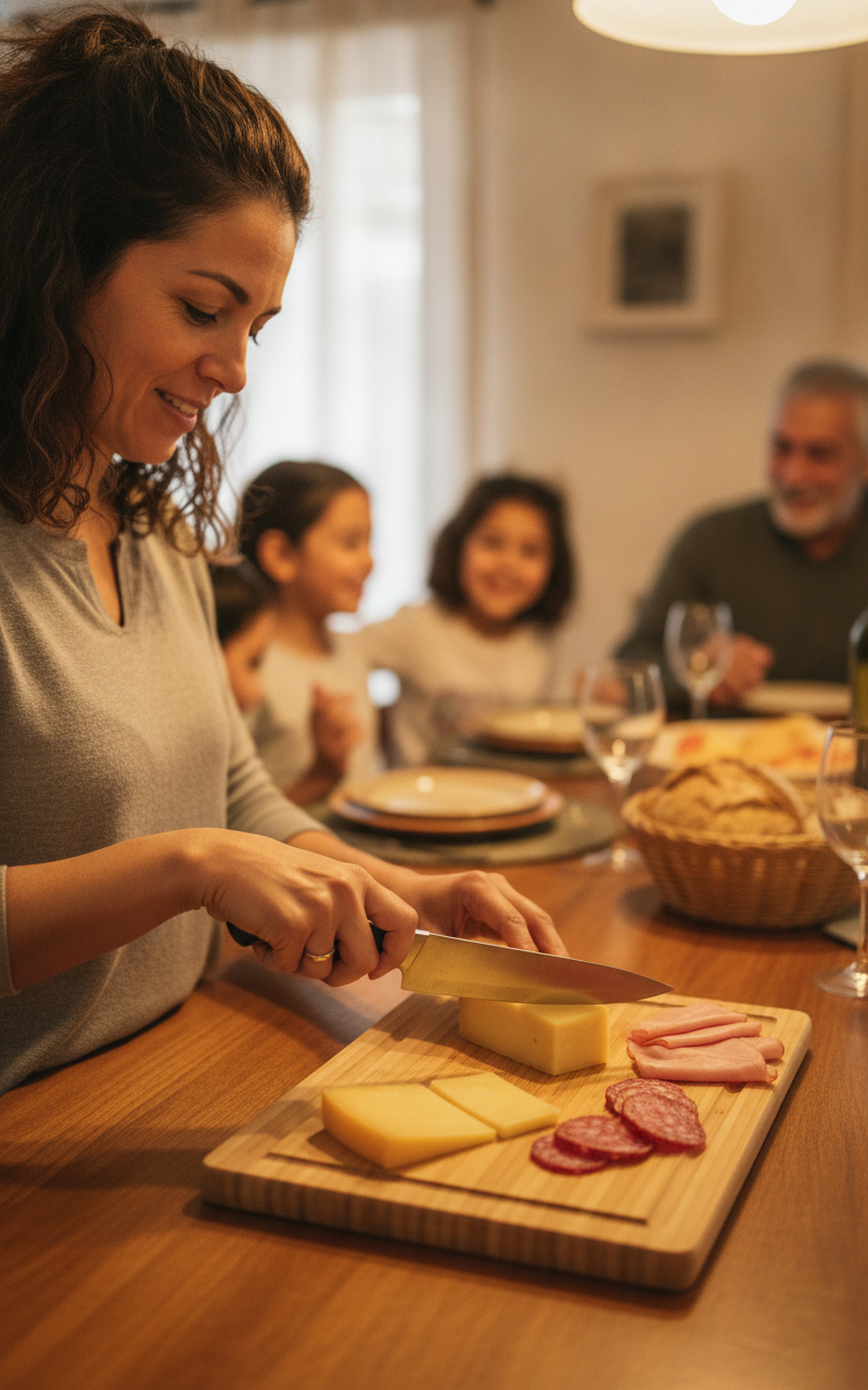 Mujer usando tabla bambú para cortar queso en mesa familiar
