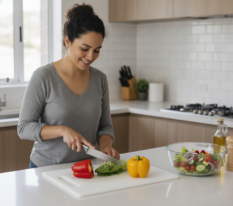 Tabla de cortar plastico en mesa quincho chileno con verduras
