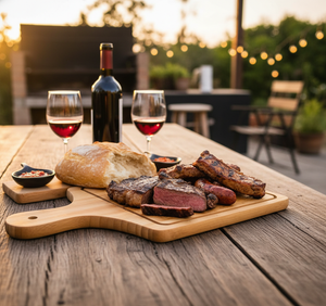 Tabla madera cuadrada servida en quincho chileno con carnes asadas y vino