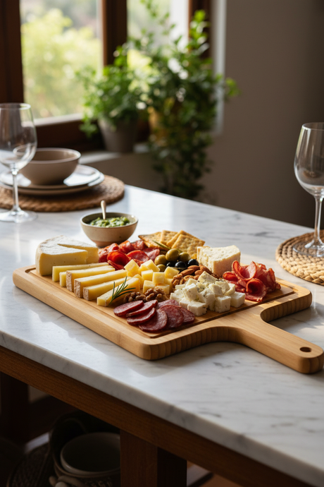 Tabla para picoteo bambú en asado chileno quincho con pizza
