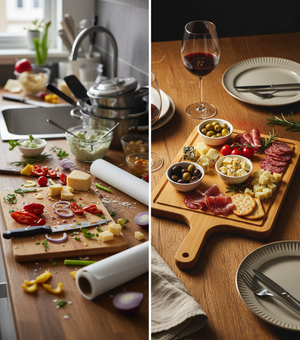Tabla para picar bambú con pizza cocina moderna chilena mesón mármol