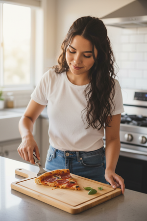 Mujer usando tabla para cortar bambú rectangular cocina moderna