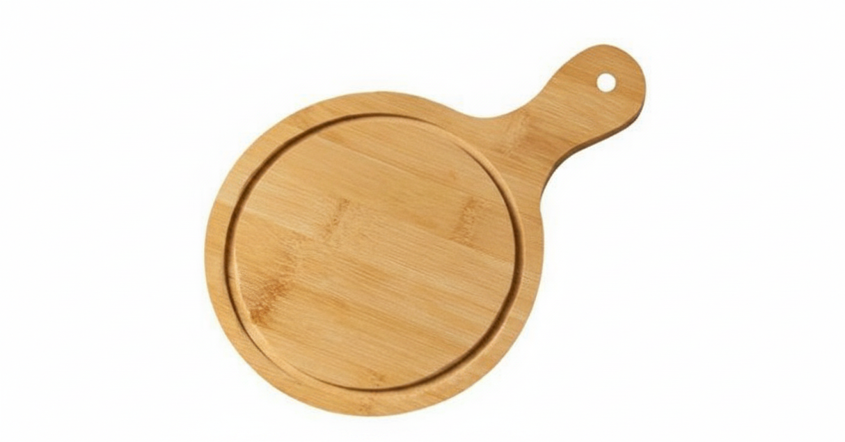 Tabla de picar redonda madera mango pizza picoteo 26cm vista frontal fondo blanco