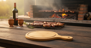 Tabla madera redonda picoteo asado quincho chileno reunión familiar