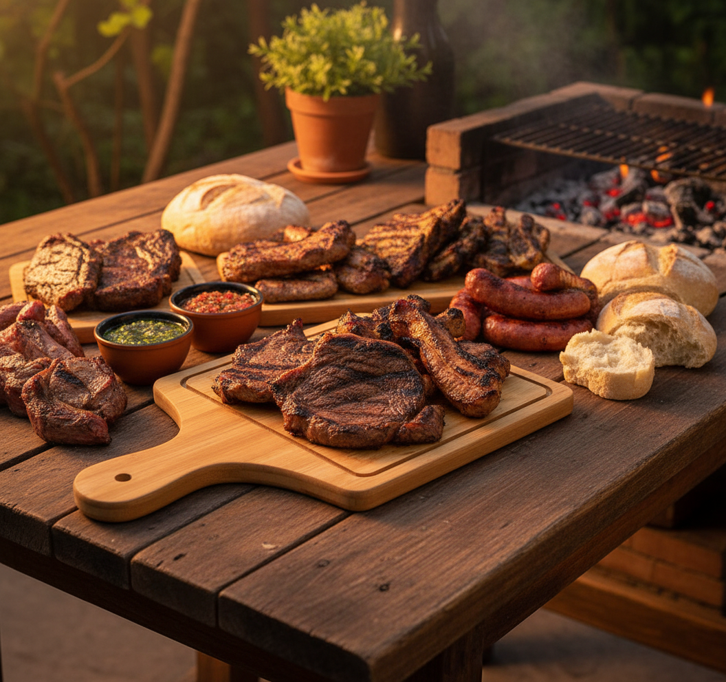 Tabla madera para picoteo en asado quincho chileno con carnes y chimichurri