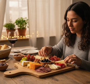 Tabla para picoteo con quesos y fiambres en comedor hogar chileno