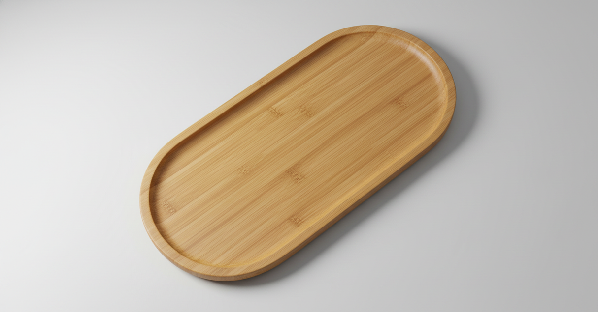 Tabla de picoteo madera bambú ovalada 34.5cm vista frontal fondo blanco