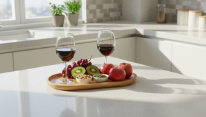 Tabla para picar madera ovalada cocina moderna con vino y frutas