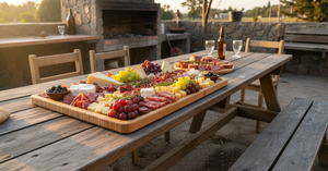 Tabla de picar madera cocina chilena con frutas y quesos luz natural