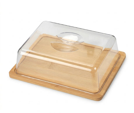 Tabla madera rectangular con cúpula acrílica transparente vista frontal 26x20cm