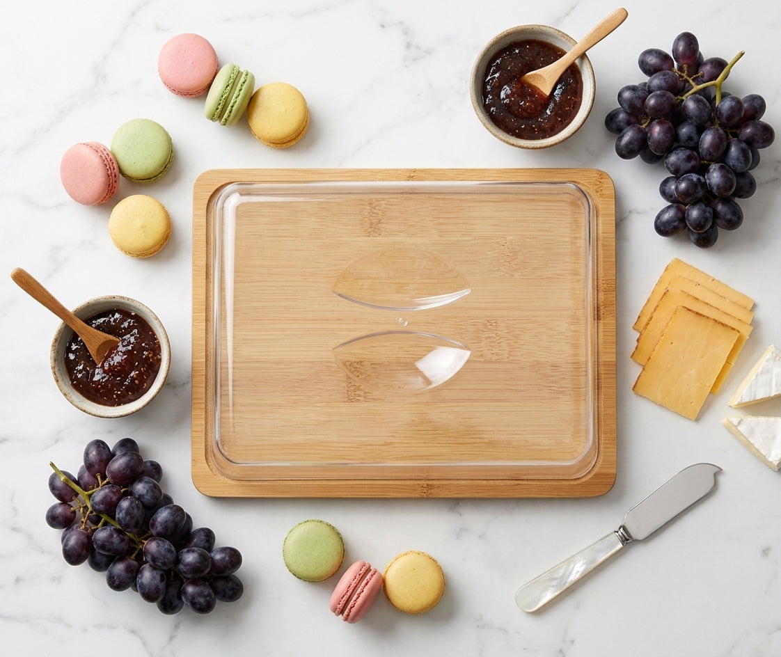 Base tabla madera con tapa acrílica en mesa asado chileno con quesos