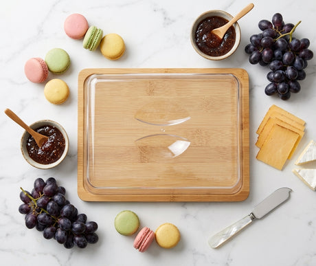 Base tabla madera con tapa acrílica en mesa asado chileno con quesos
