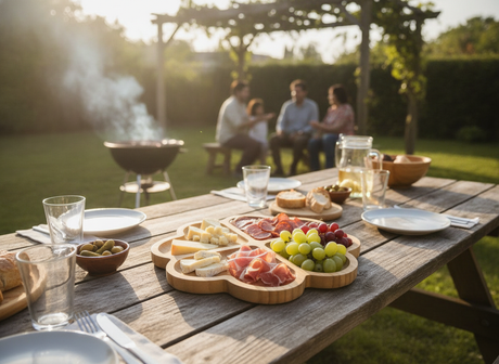Tabla picoteo madera bambú con quesos y embutidos en asado chileno exterior