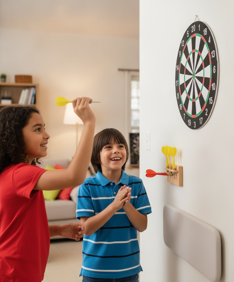 Niños jugando tiro al blanco con dardos en casa diversión familiar