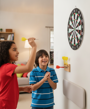 Niños jugando tiro al blanco con dardos en casa diversión familiar