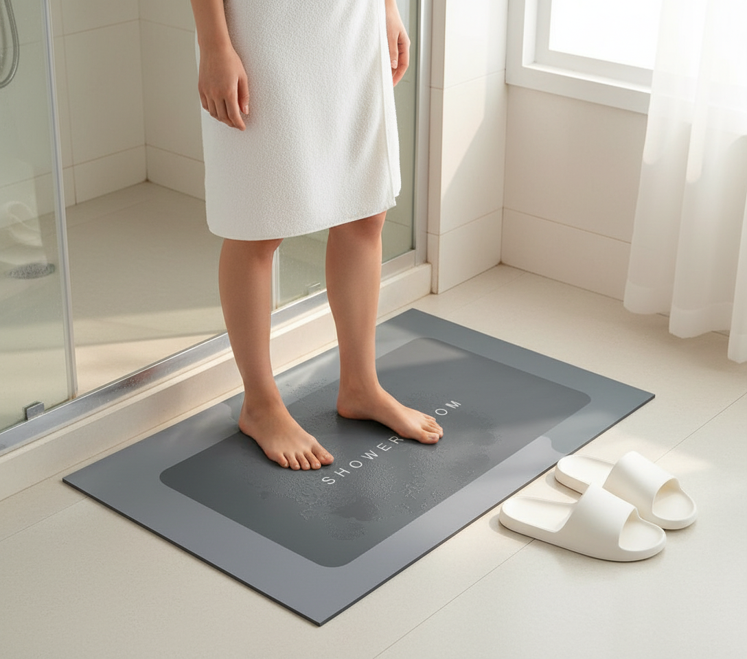 Tapete piso baño absorbente gris apartamento chileno decoracion minimalista