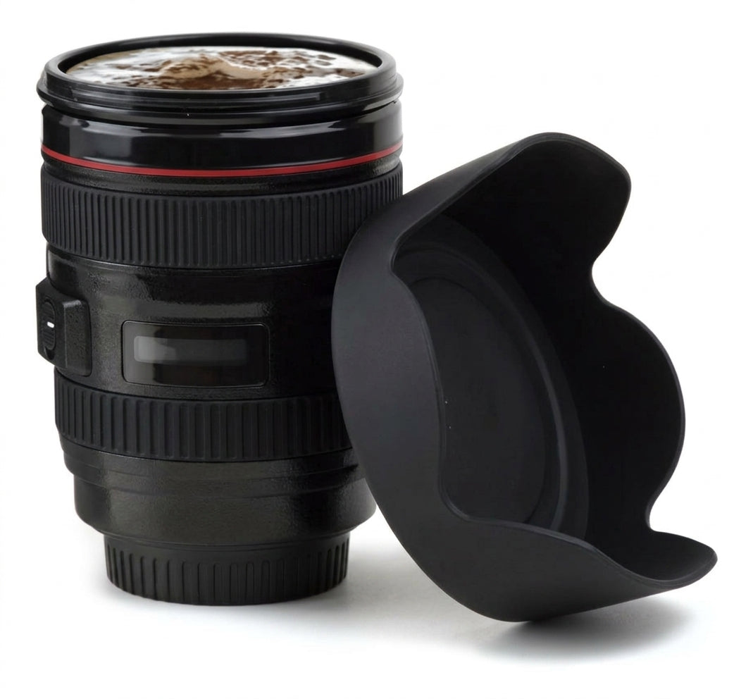 Taza mug lente cámara fotográfica 350ml negro tapa parasol vista frontal