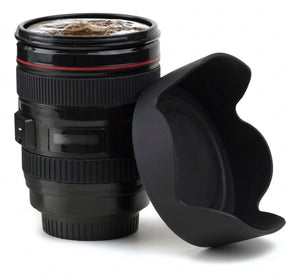 Taza mug lente cámara fotográfica 350ml negro tapa parasol vista frontal
