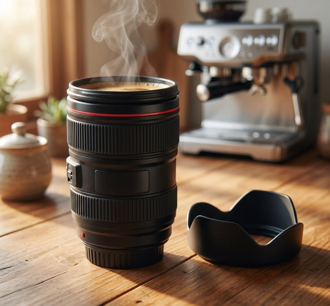 Mug lente cámara sobre mesa de madera hogar chileno estilo de vida