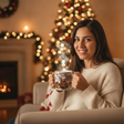 Taza navideña regalo en living chileno decorado para Navidad mujer sosteniéndola