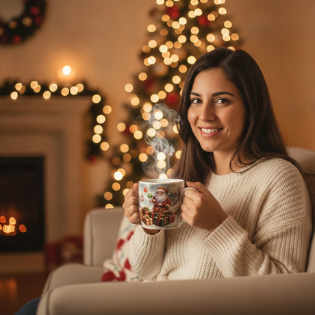 Taza navideña regalo en living chileno decorado para Navidad mujer sosteniéndola