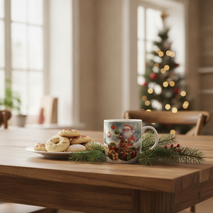 Mug navideño Santa Claus en cocina chilena con galletas y ramas de pino