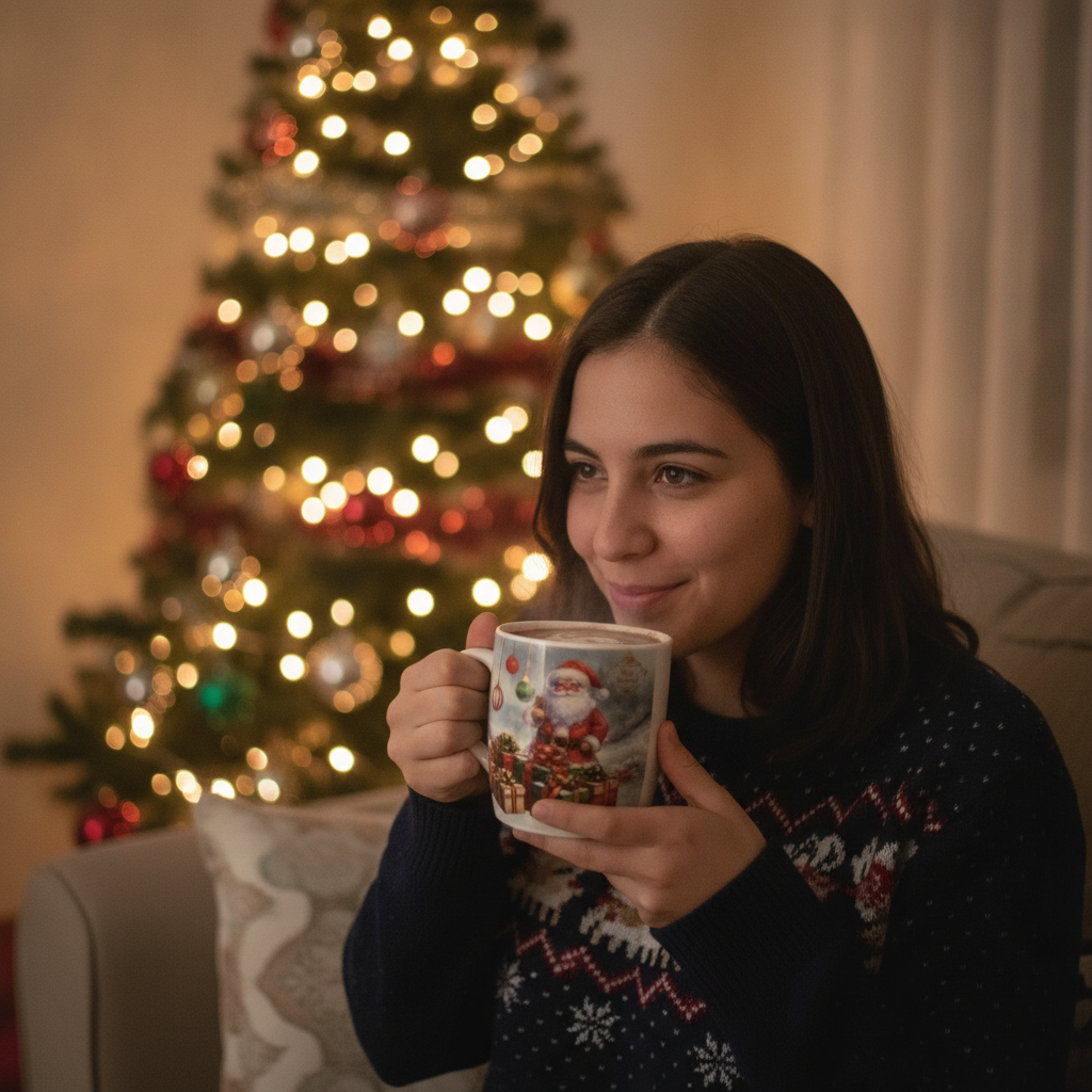 Mujer chilena usando taza navideña cerámica con chocolate caliente árbol de fondo