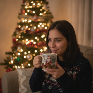 Mujer chilena usando taza navideña cerámica con chocolate caliente árbol de fondo