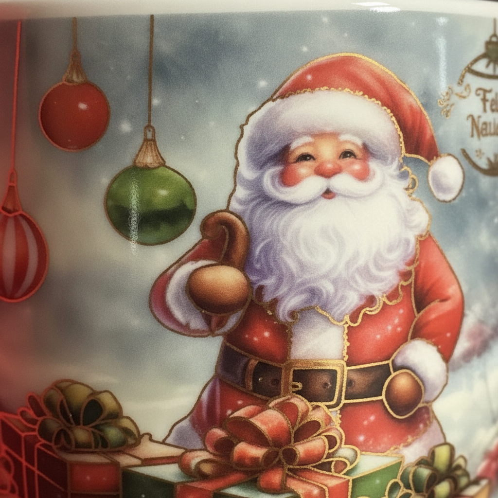 Detalle cerámica taza navideña Santa Claus acabado brillante primer plano