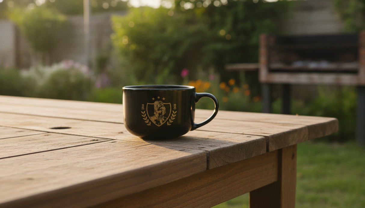 Taza Colo Colo 100 años sobre mesa de quincho chileno asado fondo jardín