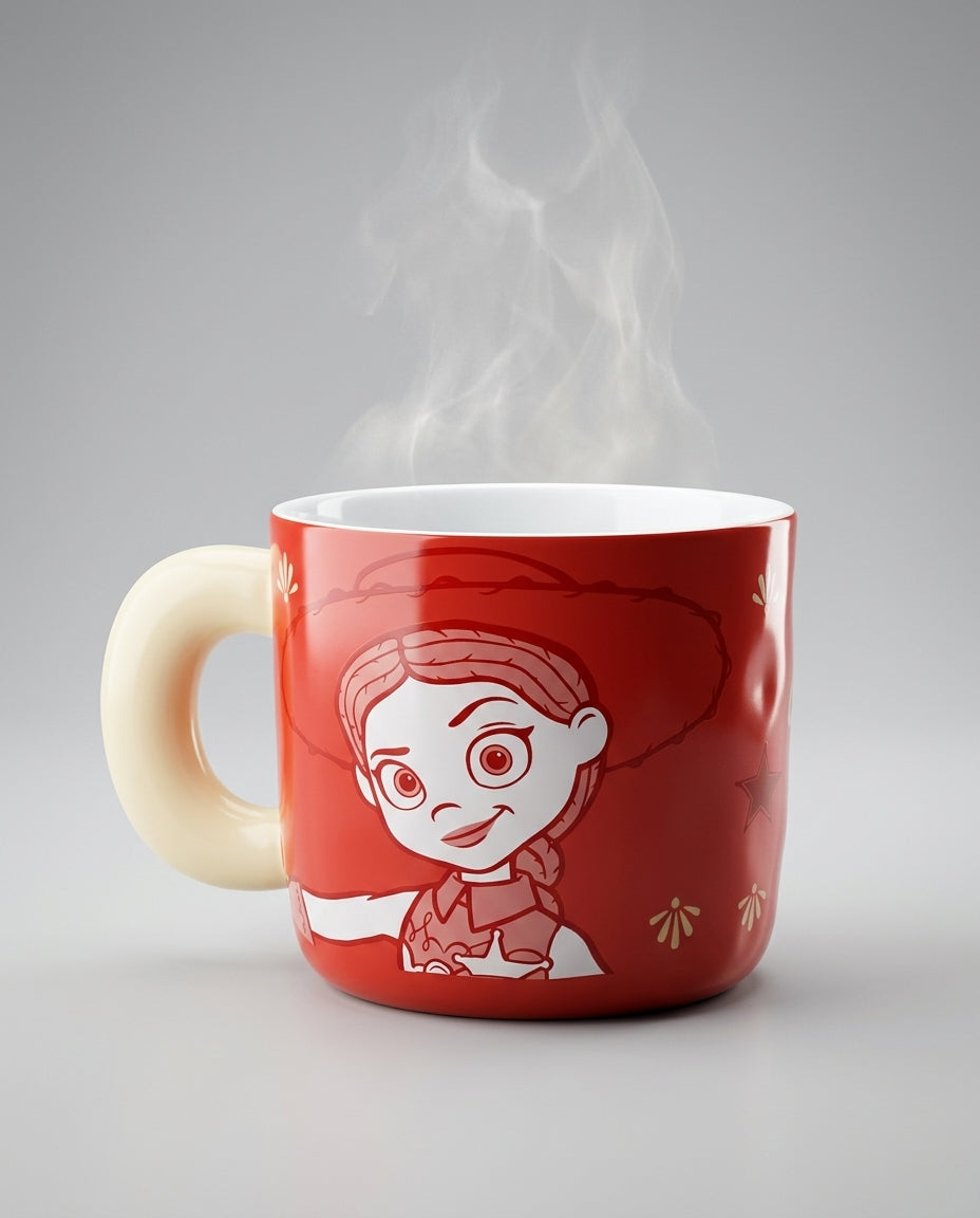 Taza cerámica roja Toy Story en cocina chilena con chocolate caliente