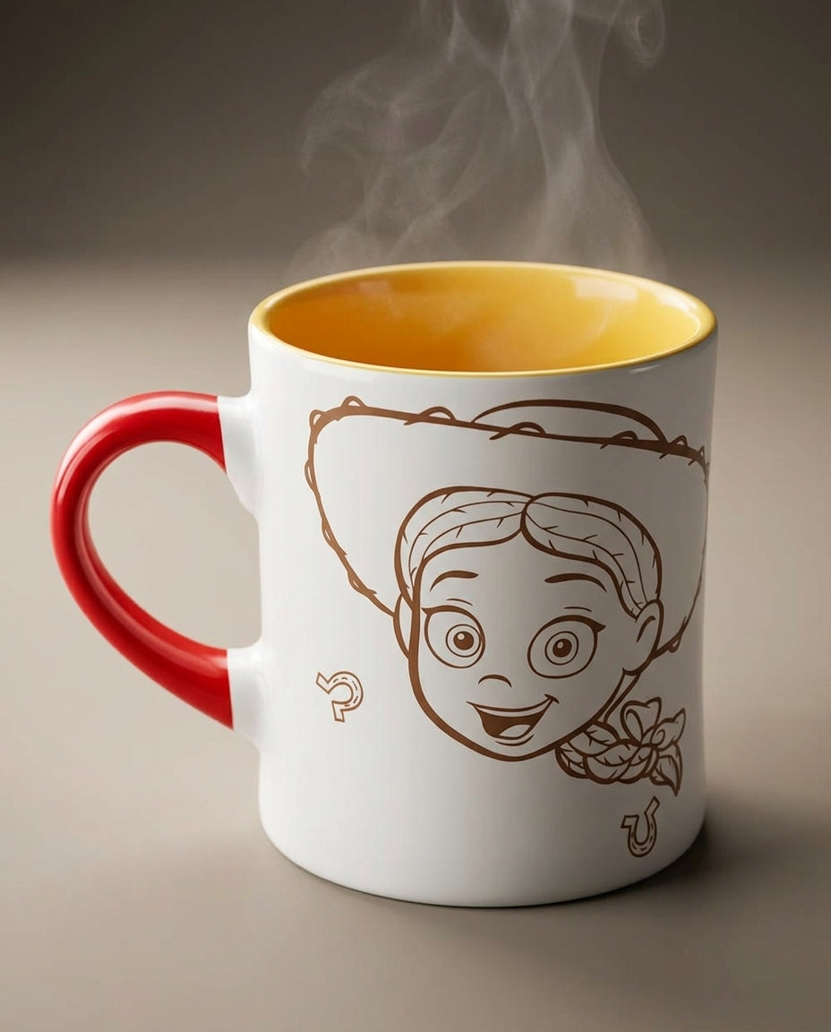 Taza cerámica Jessie Toy Story sobre mesón cocina moderna vapor café caliente