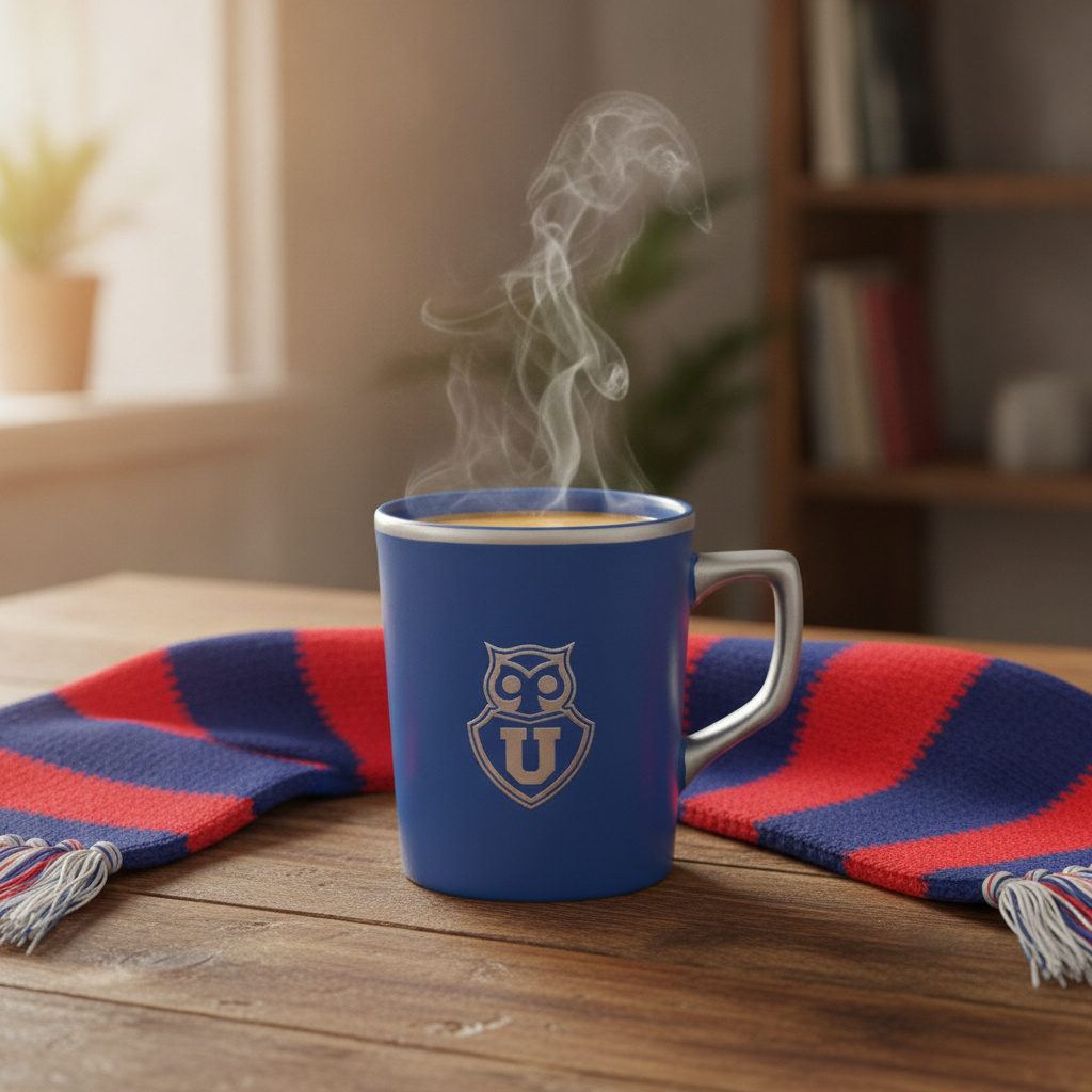 Tazón mug U de Chile azul sobre mesa madera junto a bufanda hincha café caliente