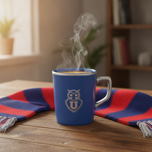 Tazón mug U de Chile azul sobre mesa madera junto a bufanda hincha café caliente