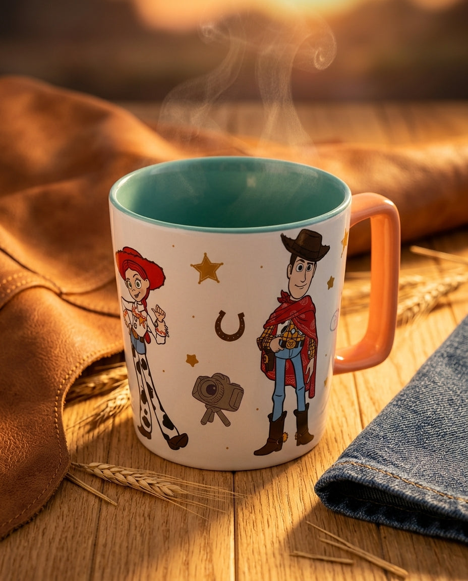 Niño sosteniendo tazón Toy Story 5 con chocolate caliente sala de estar