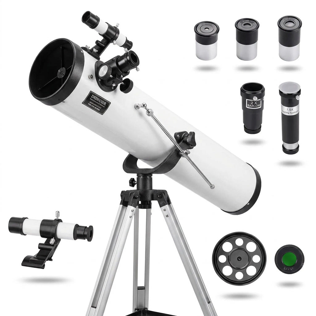 Telescopio reflector 76mm 700mm trípode aluminio kit completo vista frontal fondo blanco