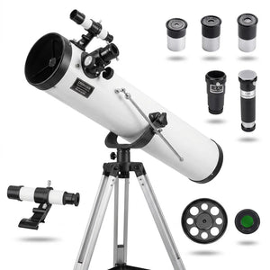 Telescopio reflector 76mm 700mm trípode aluminio kit completo vista frontal fondo blanco